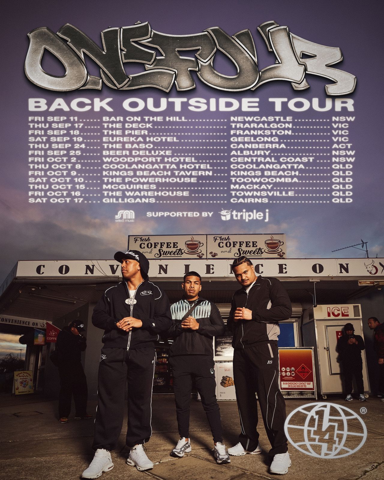 Tour poster for ONEFOUR's Back Outside Tour featuring Australian tour dates and members in tracksuits outside a shop.